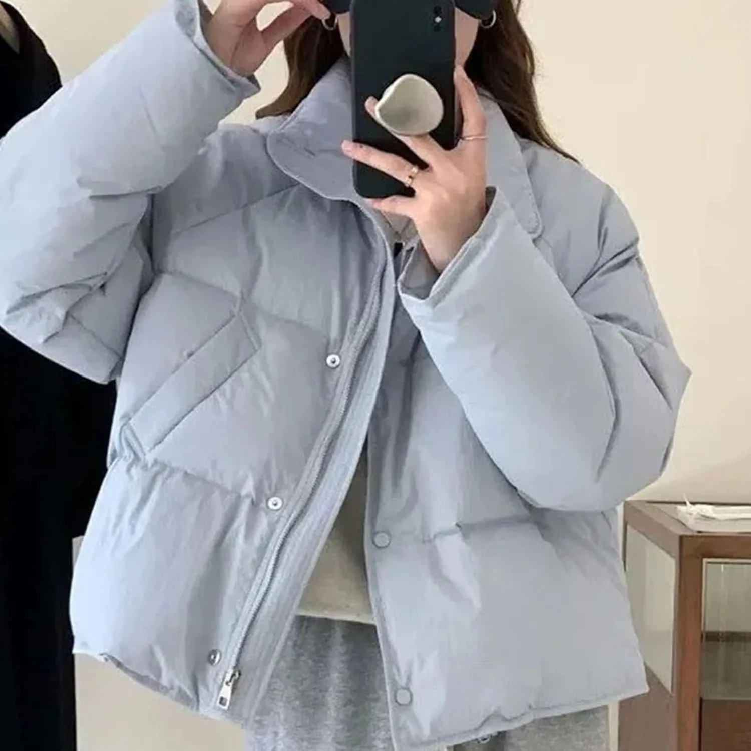 Women's Cotton-Padded Jacket Casual Solid Stand Collar Short Parkas Ladies Winter Warm Puffer Bread Cotton Coat
