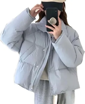 Women's Cotton-Padded Jacket Casual Solid Stand Collar Short Parkas Ladies Winter Warm Puffer Bread Cotton Coat