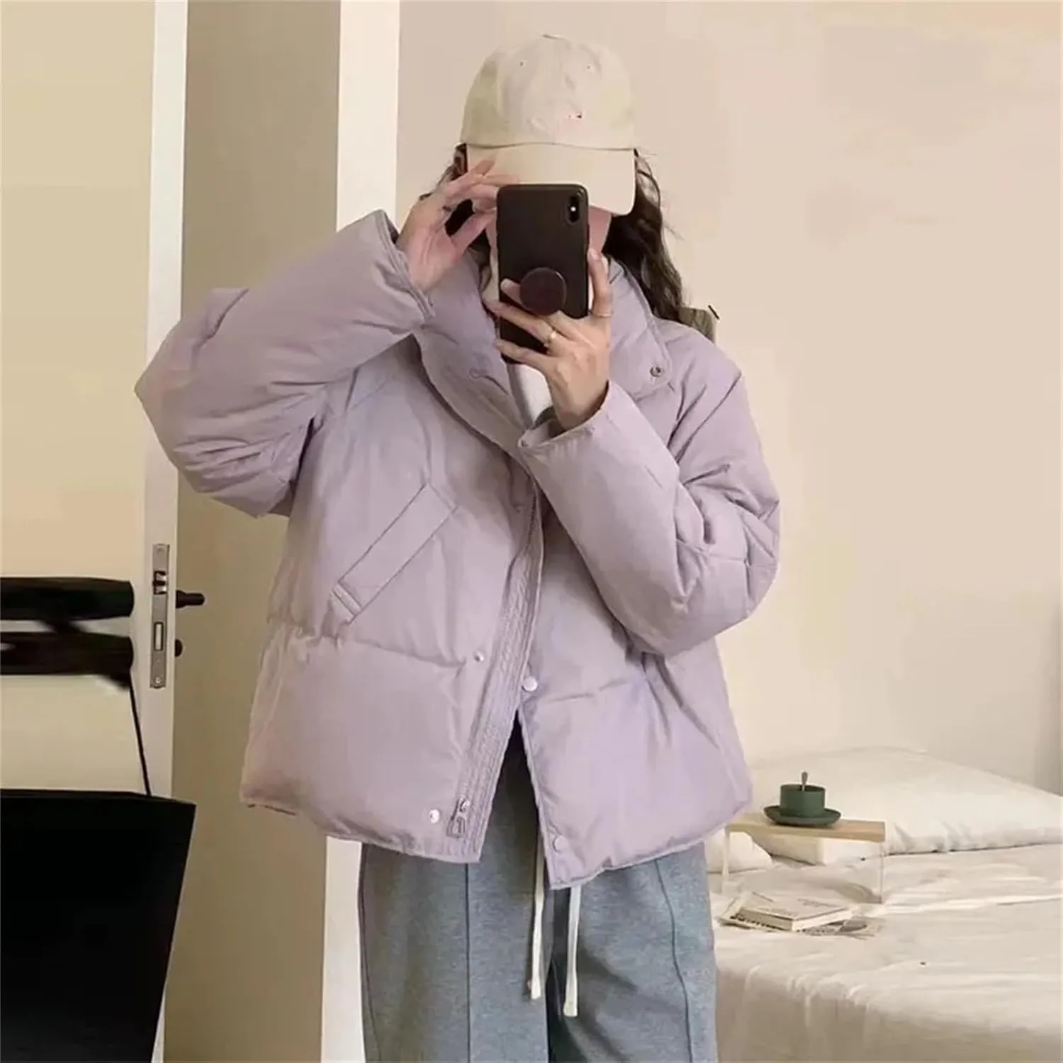 Women's Cotton-Padded Jacket Casual Solid Stand Collar Short Parkas Ladies Winter Warm Puffer Bread Cotton Coat