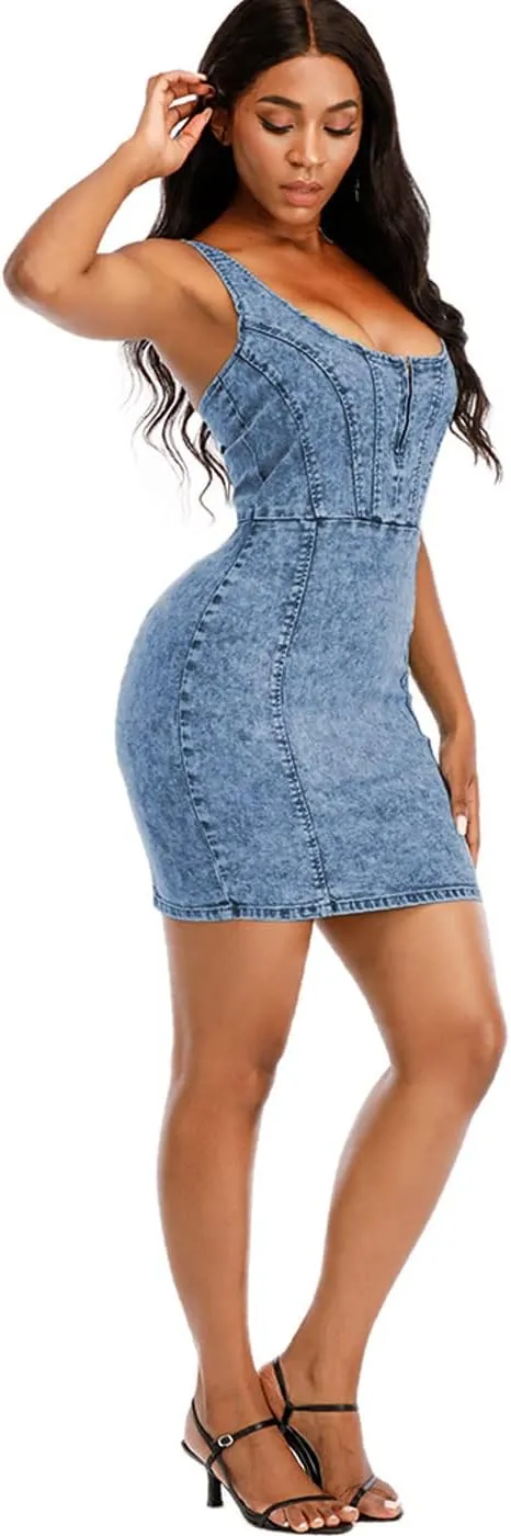 Women's Denim Dress Sexy V Neck Bodycon Sleeveless Jeans Short Dresses