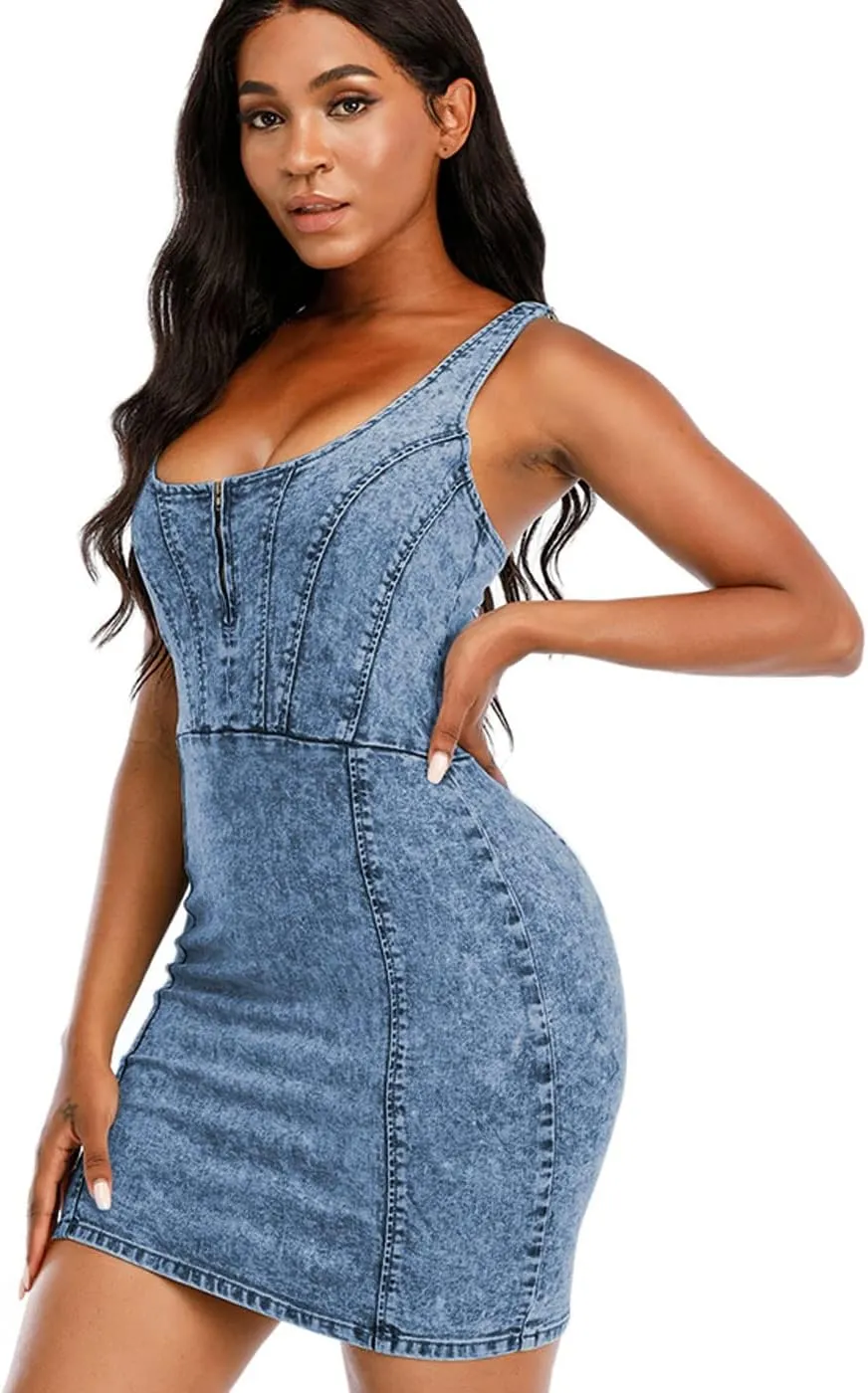Women's Denim Dress Sexy V Neck Bodycon Sleeveless Jeans Short Dresses