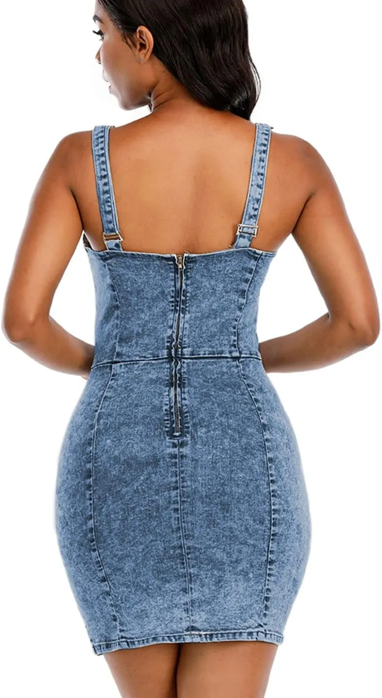 Women's Denim Dress Sexy V Neck Bodycon Sleeveless Jeans Short Dresses
