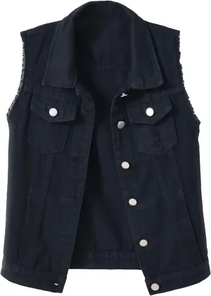 Womens Denim Vest Jacket Sleeveless Washed Ripped Crop Jacket Candy Color