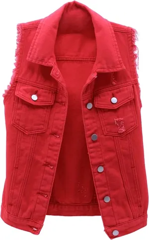 Womens Denim Vest Jacket Sleeveless Washed Ripped Crop Jacket Candy Color