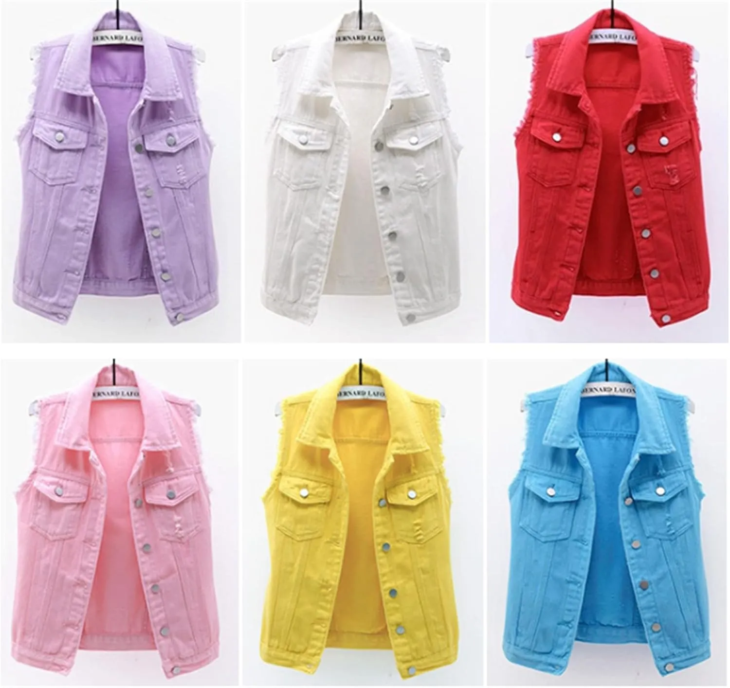 Womens Denim Vest Jacket Sleeveless Washed Ripped Crop Jacket Candy Color