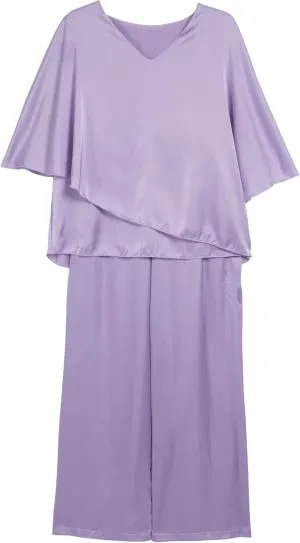 Womens Dressy Chiffon 2 Piece Pant Suits V Neck Short Half Sleeve Irregular Tops Wide Leg Pantsuits for Wedding Guest