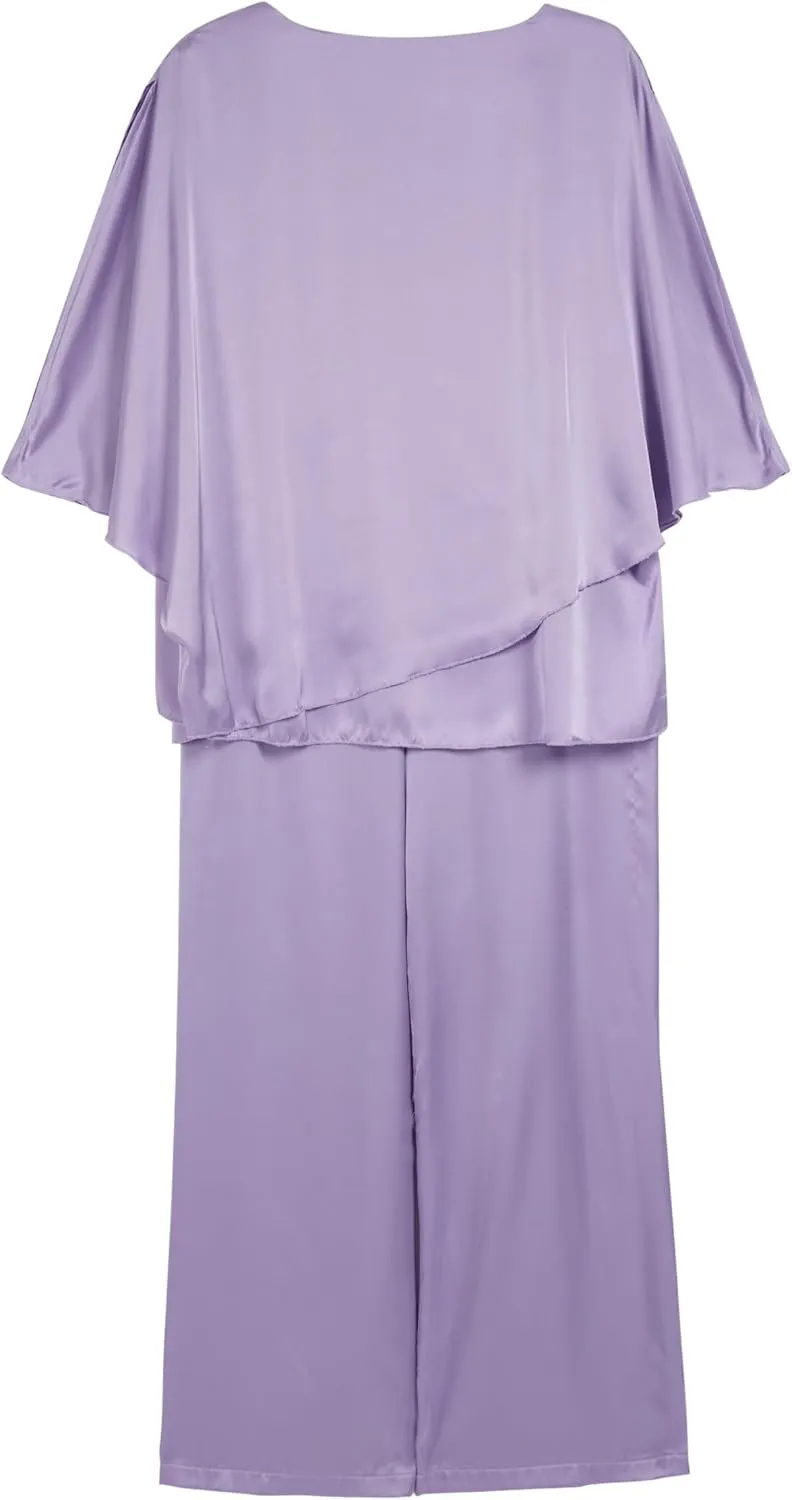Womens Dressy Chiffon 2 Piece Pant Suits V Neck Short Half Sleeve Irregular Tops Wide Leg Pantsuits for Wedding Guest