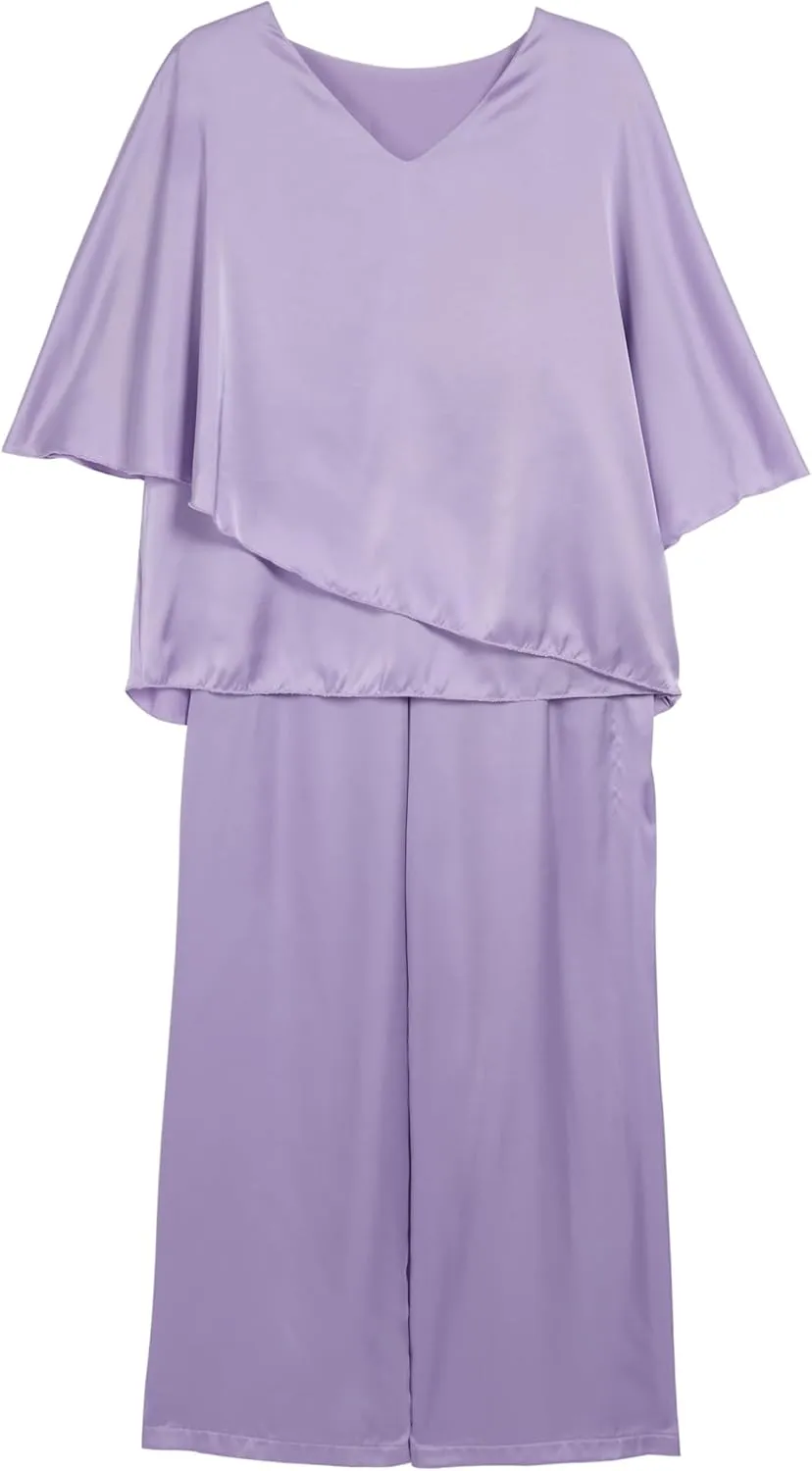 Womens Dressy Chiffon 2 Piece Pant Suits V Neck Short Half Sleeve Irregular Tops Wide Leg Pantsuits for Wedding Guest