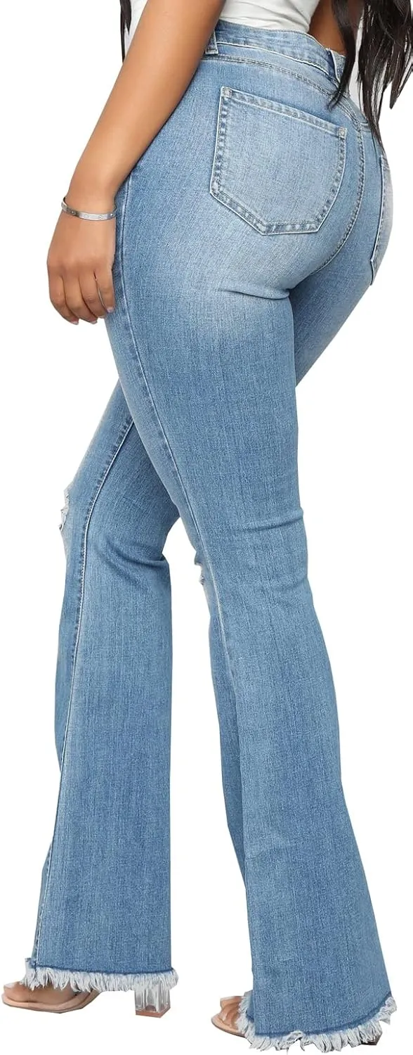 Women's Elastic Ripped Hole Classic Denim Bell Bottom Jeans