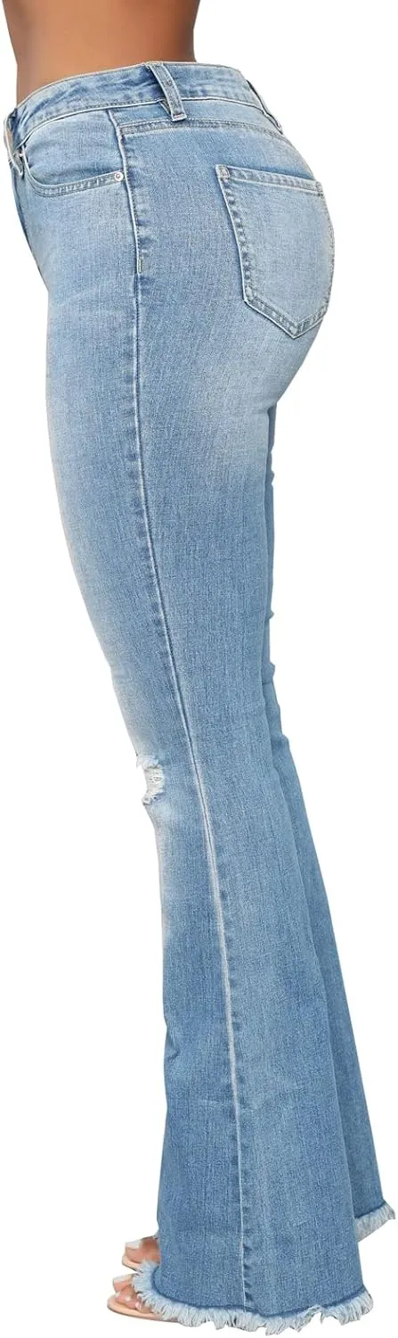 Women's Elastic Ripped Hole Classic Denim Bell Bottom Jeans