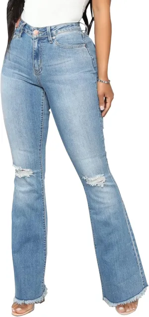 Women's Elastic Ripped Hole Classic Denim Bell Bottom Jeans