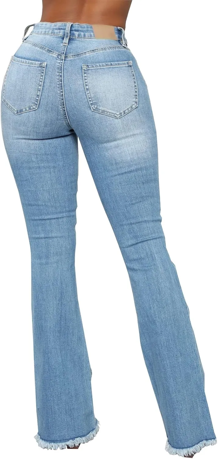 Women's Elastic Ripped Hole Classic Denim Bell Bottom Jeans