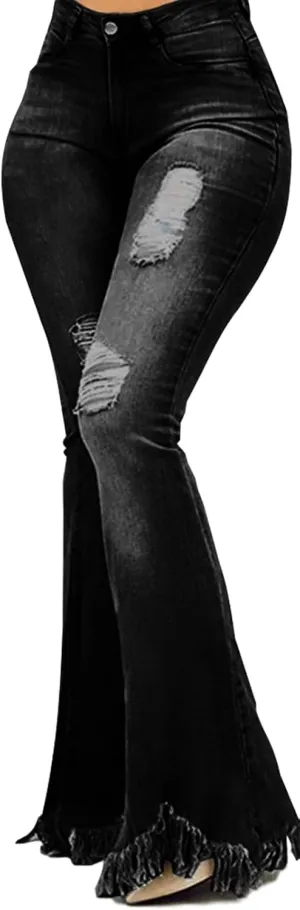 Women's Elastic Ripped Hole Classic Denim Bell Bottom Jeans