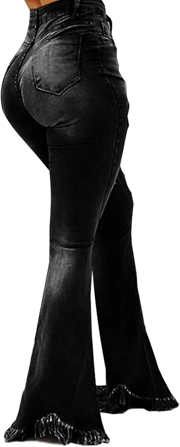 Women's Elastic Ripped Hole Classic Denim Bell Bottom Jeans