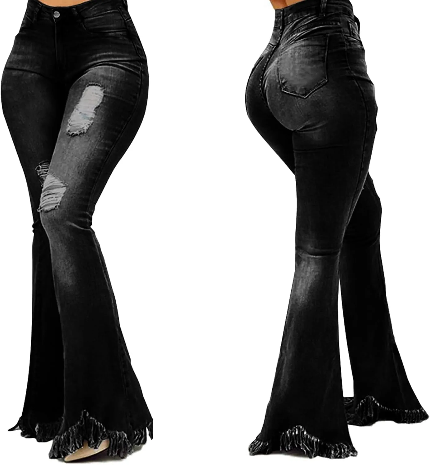 Women's Elastic Ripped Hole Classic Denim Bell Bottom Jeans