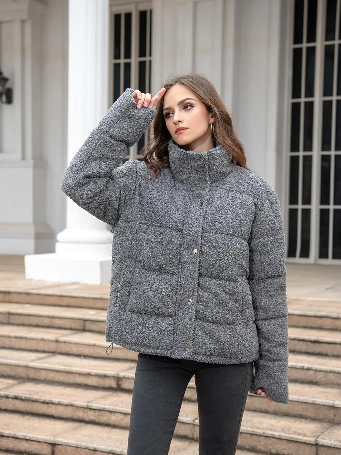 Women's Fleece Puffer Jacket Long Sleeve Casual Winter Warm Zip Up Sherpa Short Coat