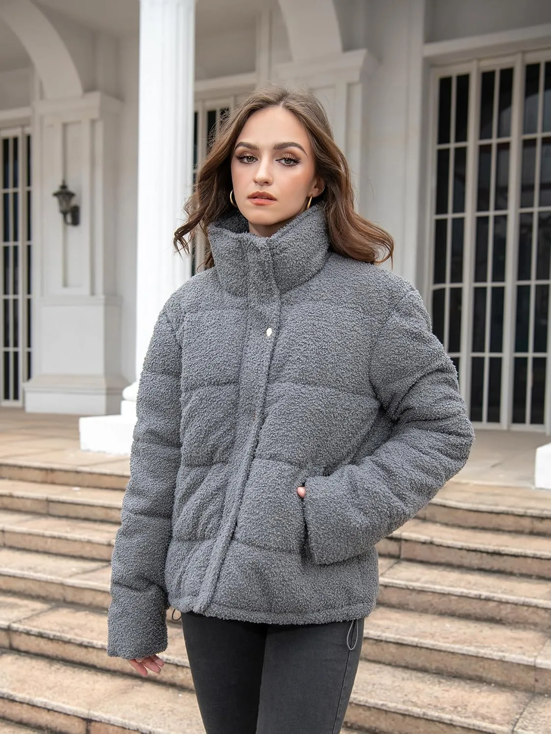 Women's Fleece Puffer Jacket Long Sleeve Casual Winter Warm Zip Up Sherpa Short Coat