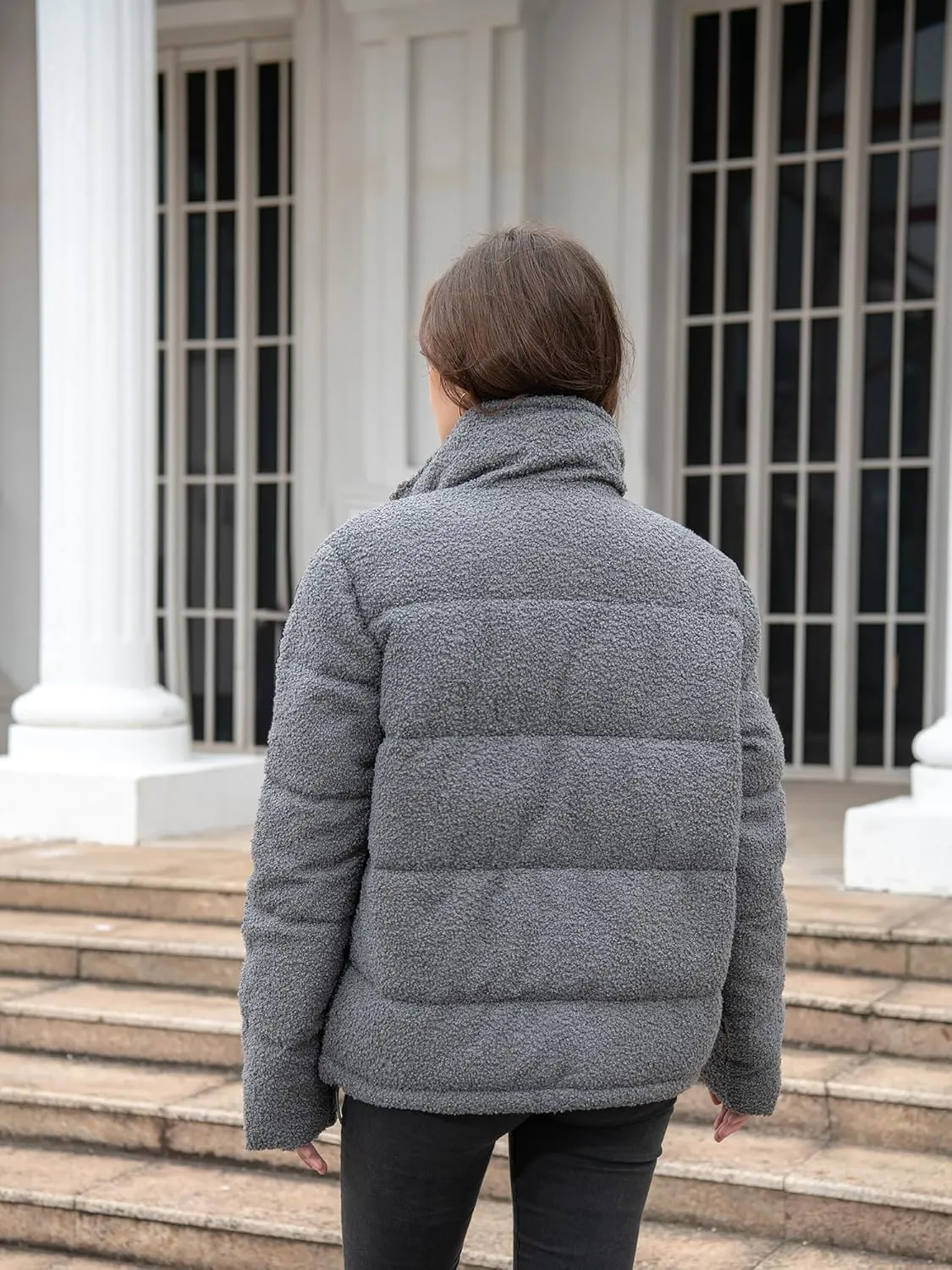 Women's Fleece Puffer Jacket Long Sleeve Casual Winter Warm Zip Up Sherpa Short Coat