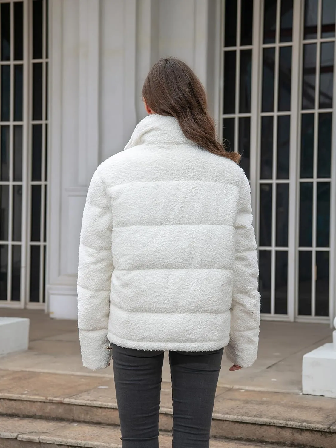 Women's Fleece Puffer Jacket Long Sleeve Casual Winter Warm Zip Up Sherpa Short Coat