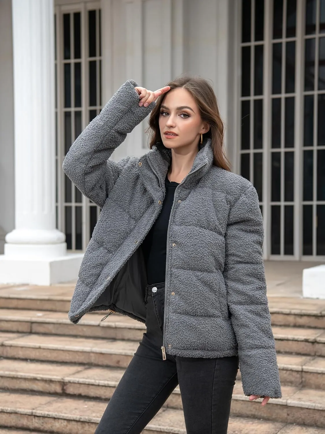 Women's Fleece Puffer Jacket Long Sleeve Casual Winter Warm Zip Up Sherpa Short Coat