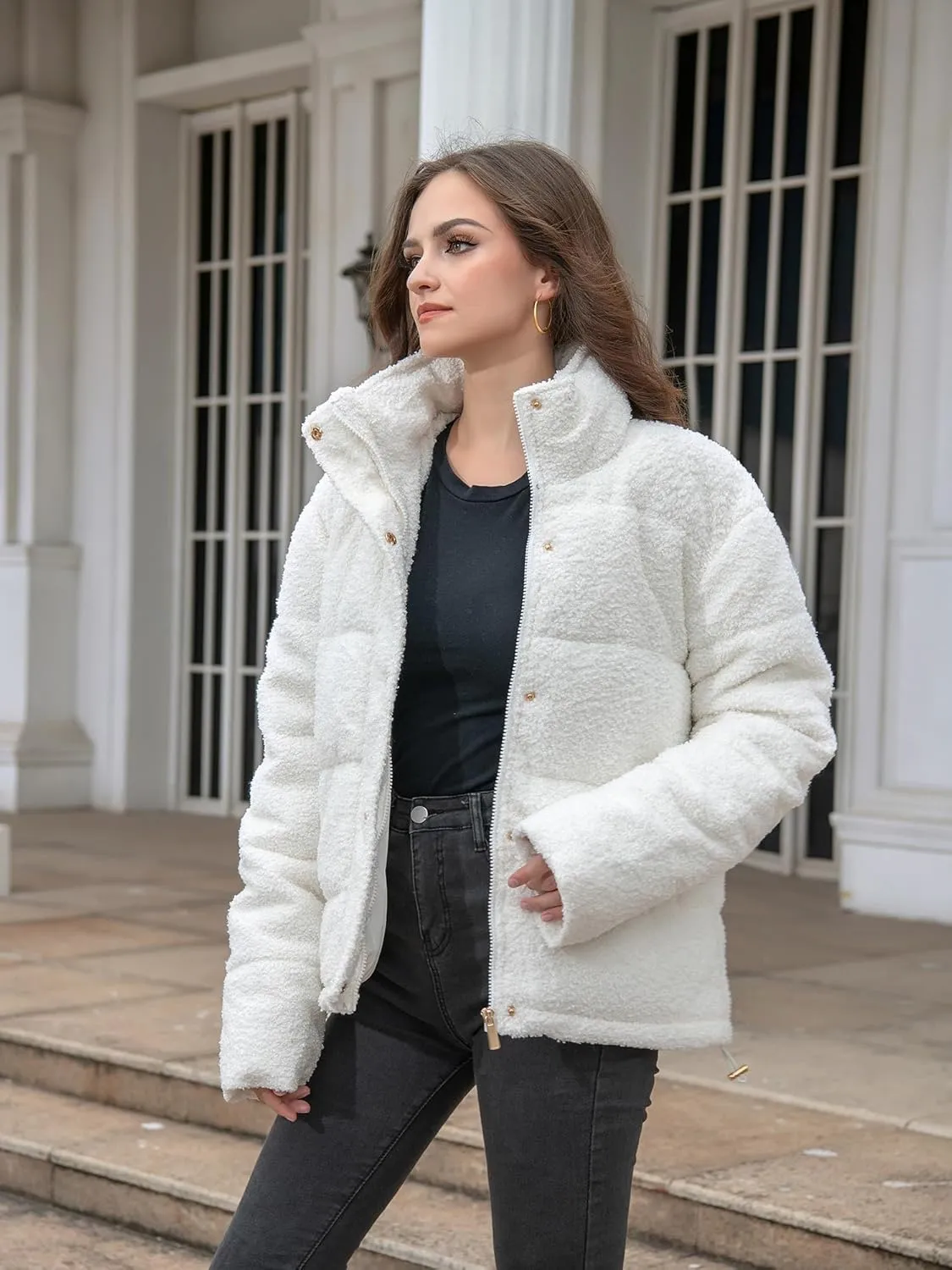 Women's Fleece Puffer Jacket Long Sleeve Casual Winter Warm Zip Up Sherpa Short Coat