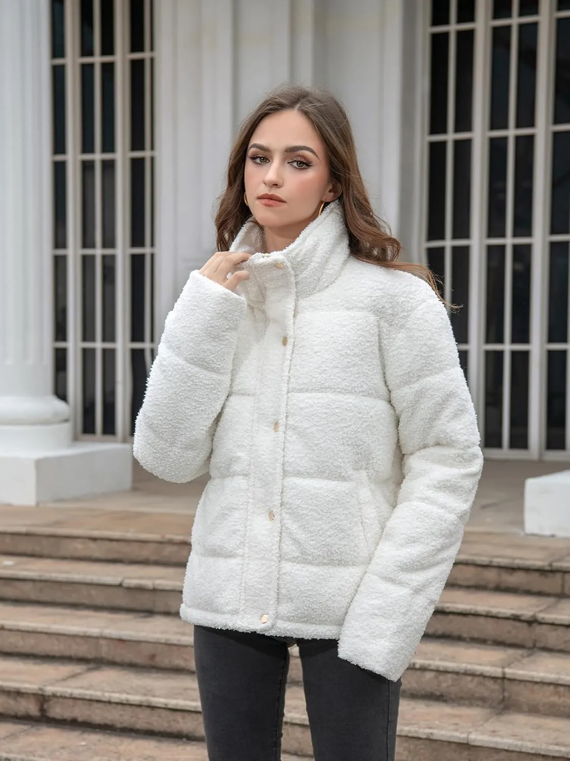 Women's Fleece Puffer Jacket Long Sleeve Casual Winter Warm Zip Up Sherpa Short Coat