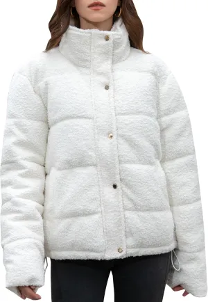 Women's Fleece Puffer Jacket Long Sleeve Casual Winter Warm Zip Up Sherpa Short Coat
