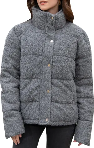 Women's Fleece Puffer Jacket Long Sleeve Casual Winter Warm Zip Up Sherpa Short Coat