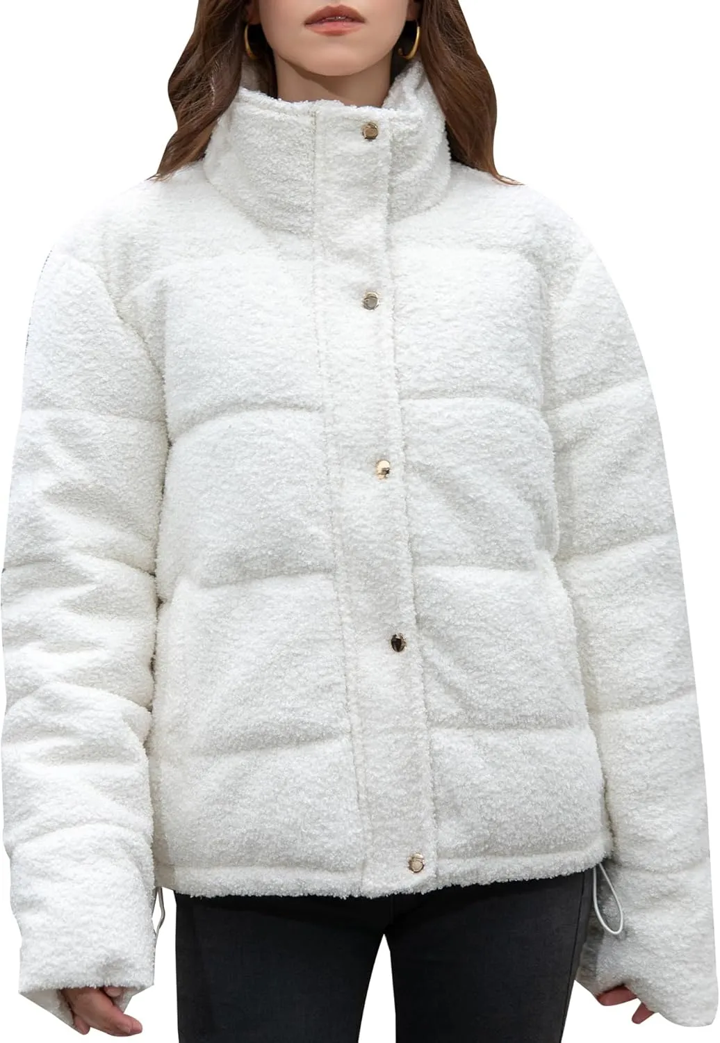 Women's Fleece Puffer Jacket Long Sleeve Casual Winter Warm Zip Up Sherpa Short Coat