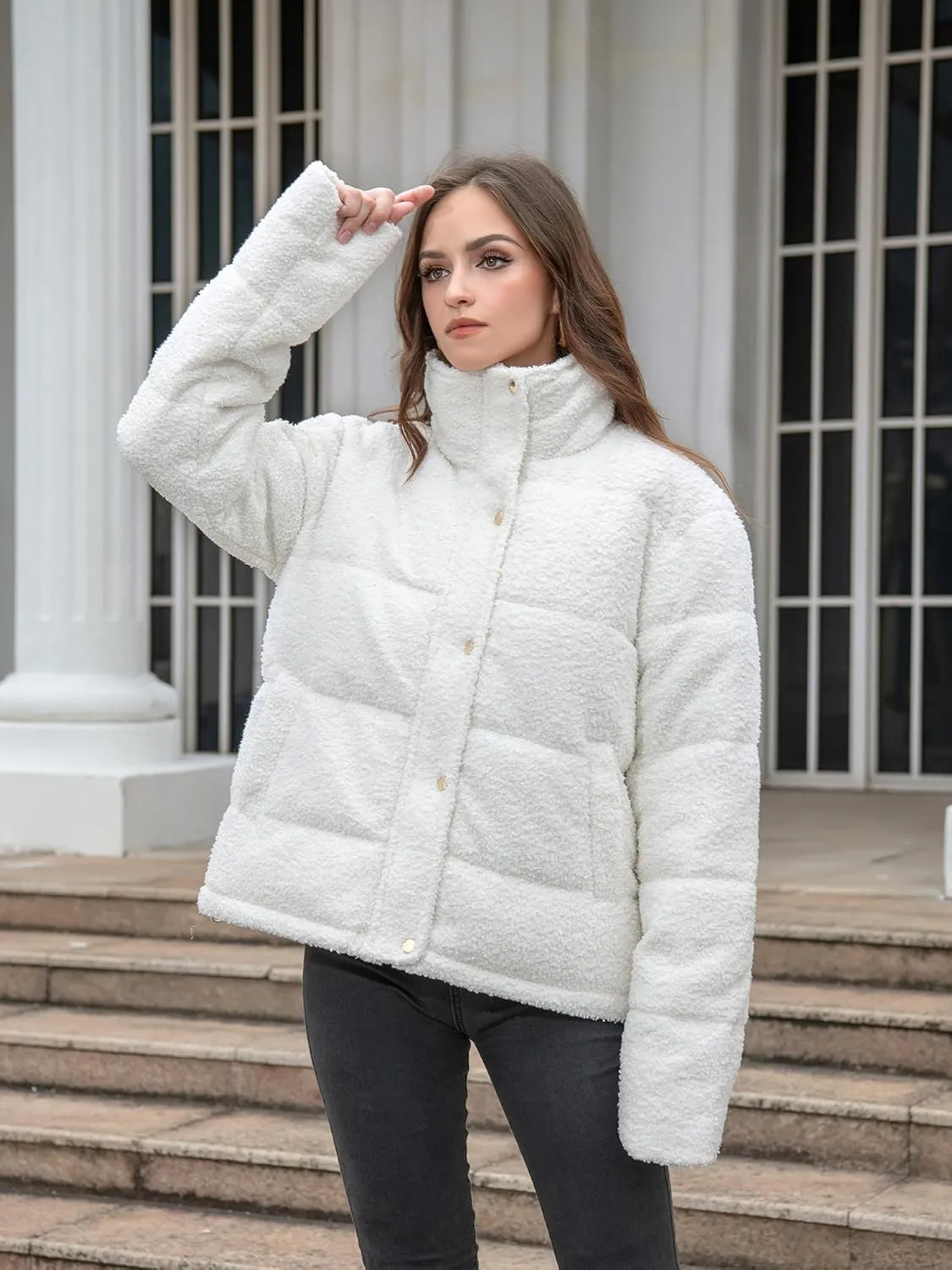 Women's Fleece Puffer Jacket Long Sleeve Casual Winter Warm Zip Up Sherpa Short Coat