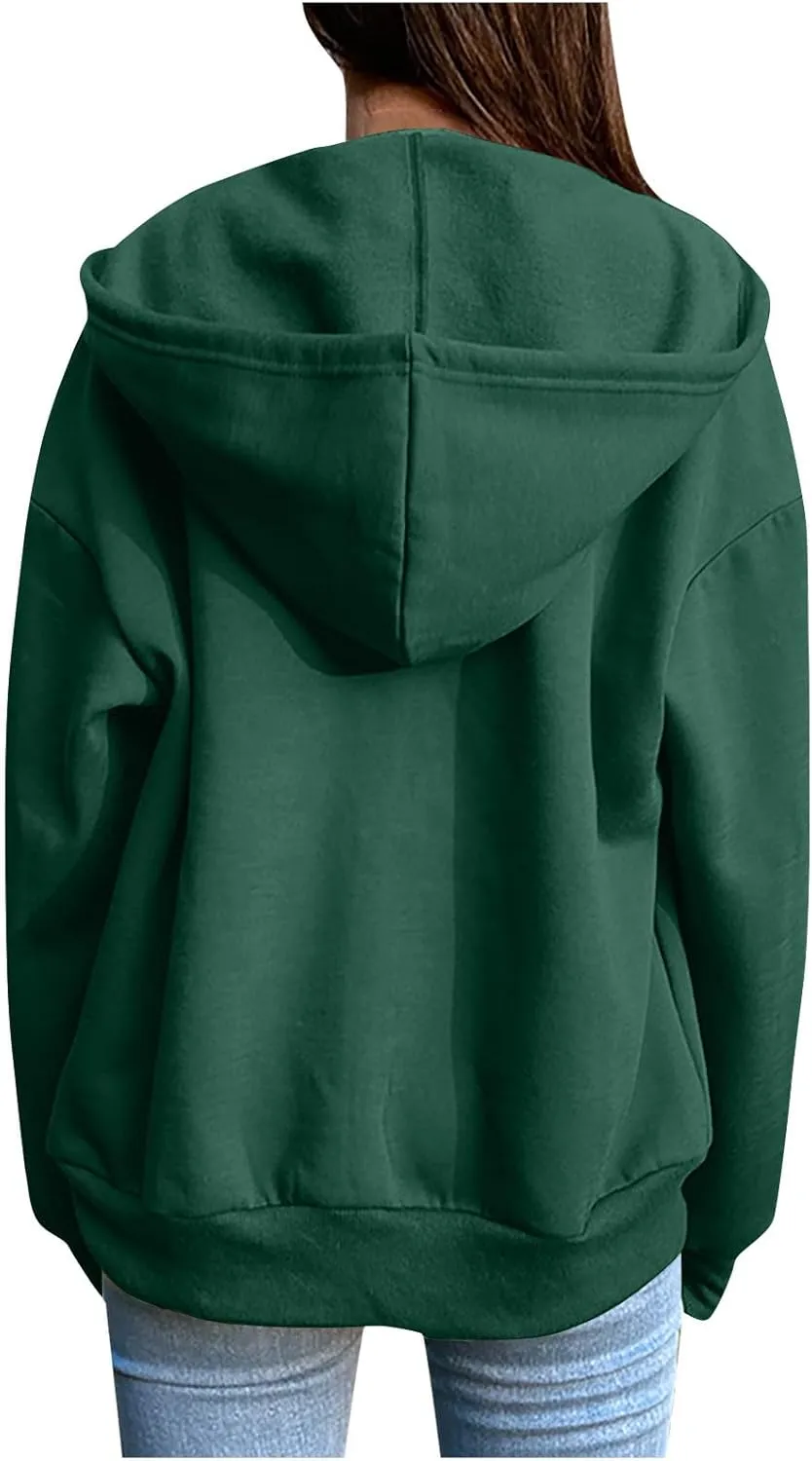Women's Full Zip Up Hoodie Fall Jacket Oversized Casual Drawstring Collar Hooded Sweatshirts with Pockets Winter