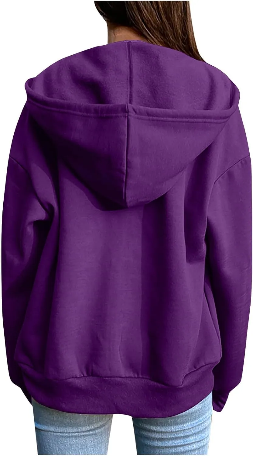 Women's Full Zip Up Hoodie Fall Jacket Oversized Casual Drawstring Collar Hooded Sweatshirts with Pockets Winter