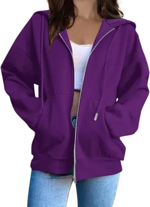 Women's Full Zip Up Hoodie Fall Jacket Oversized Casual Drawstring Collar Hooded Sweatshirts with Pockets Winter