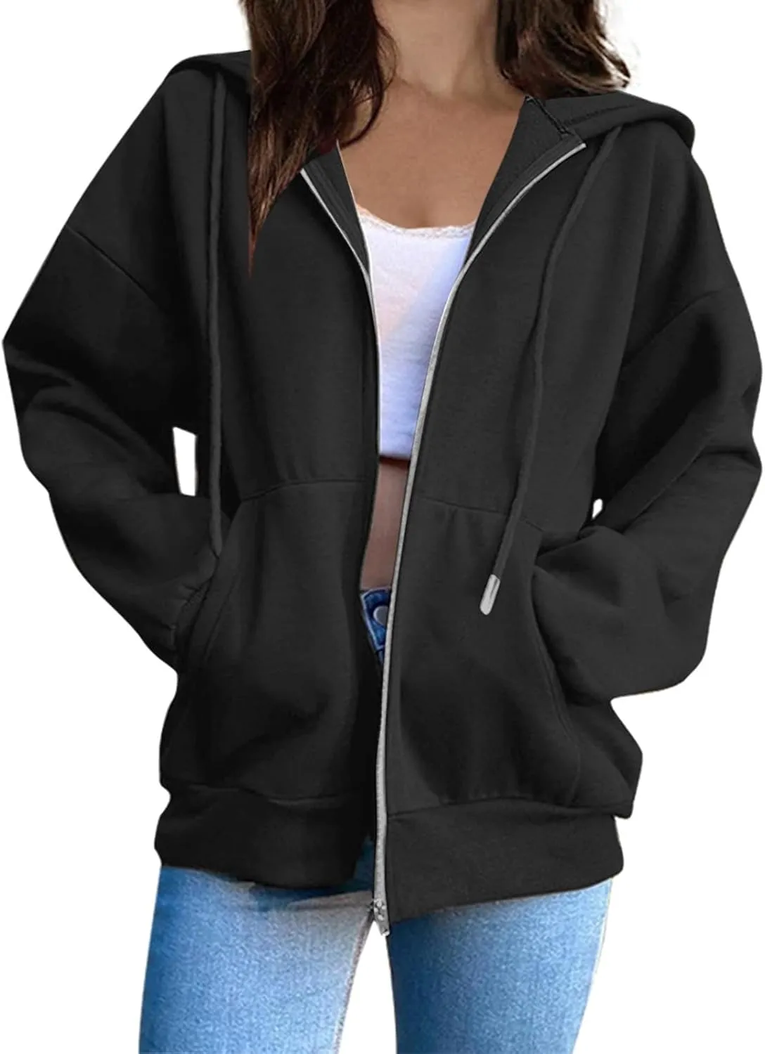 Women's Full Zip Up Hoodie Fall Jacket Oversized Casual Drawstring Collar Hooded Sweatshirts with Pockets Winter