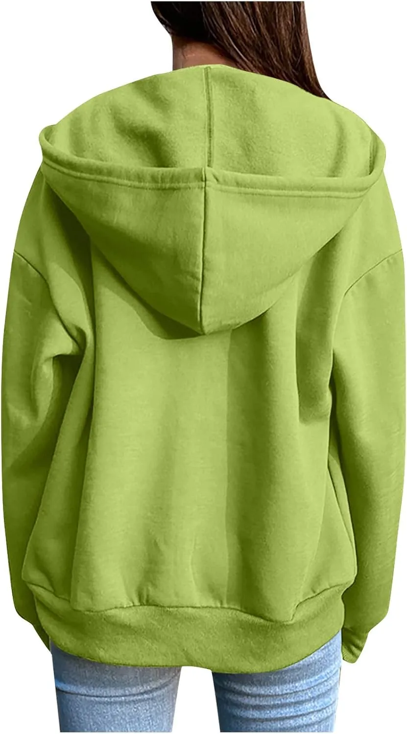 Women's Full Zip Up Hoodie Fall Jacket Oversized Casual Drawstring Collar Hooded Sweatshirts with Pockets Winter
