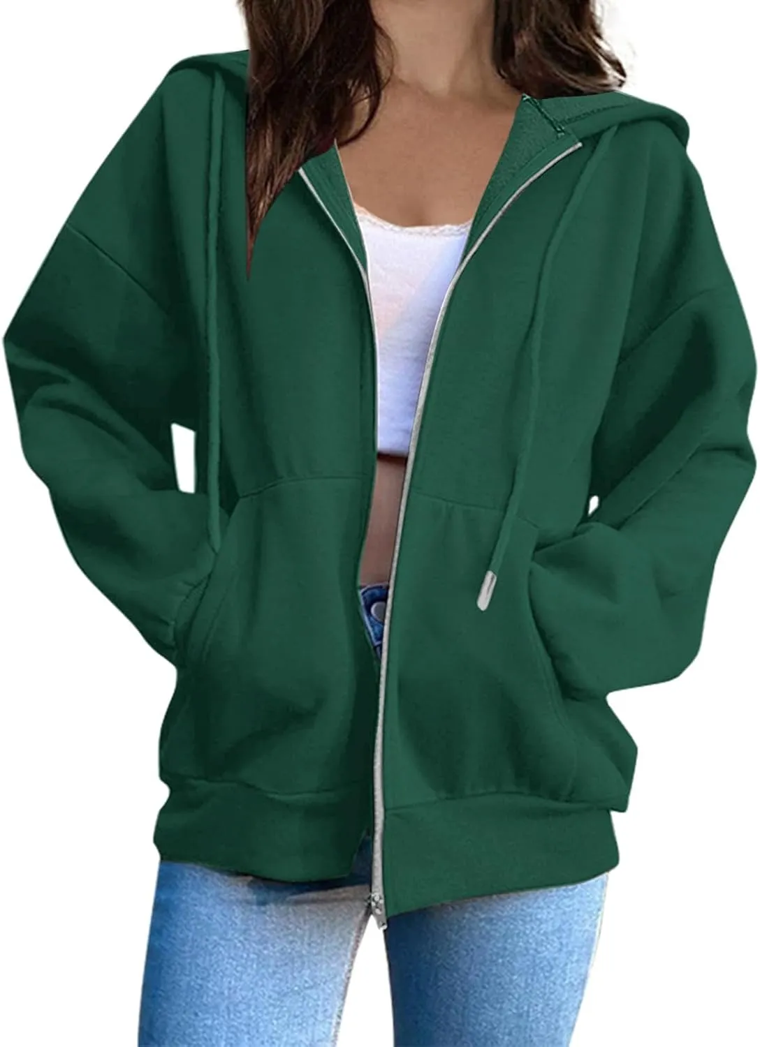 Women's Full Zip Up Hoodie Fall Jacket Oversized Casual Drawstring Collar Hooded Sweatshirts with Pockets Winter