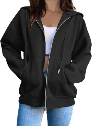 Women's Full Zip Up Hoodie Fall Jacket Oversized Casual Drawstring Collar Hooded Sweatshirts with Pockets Winter