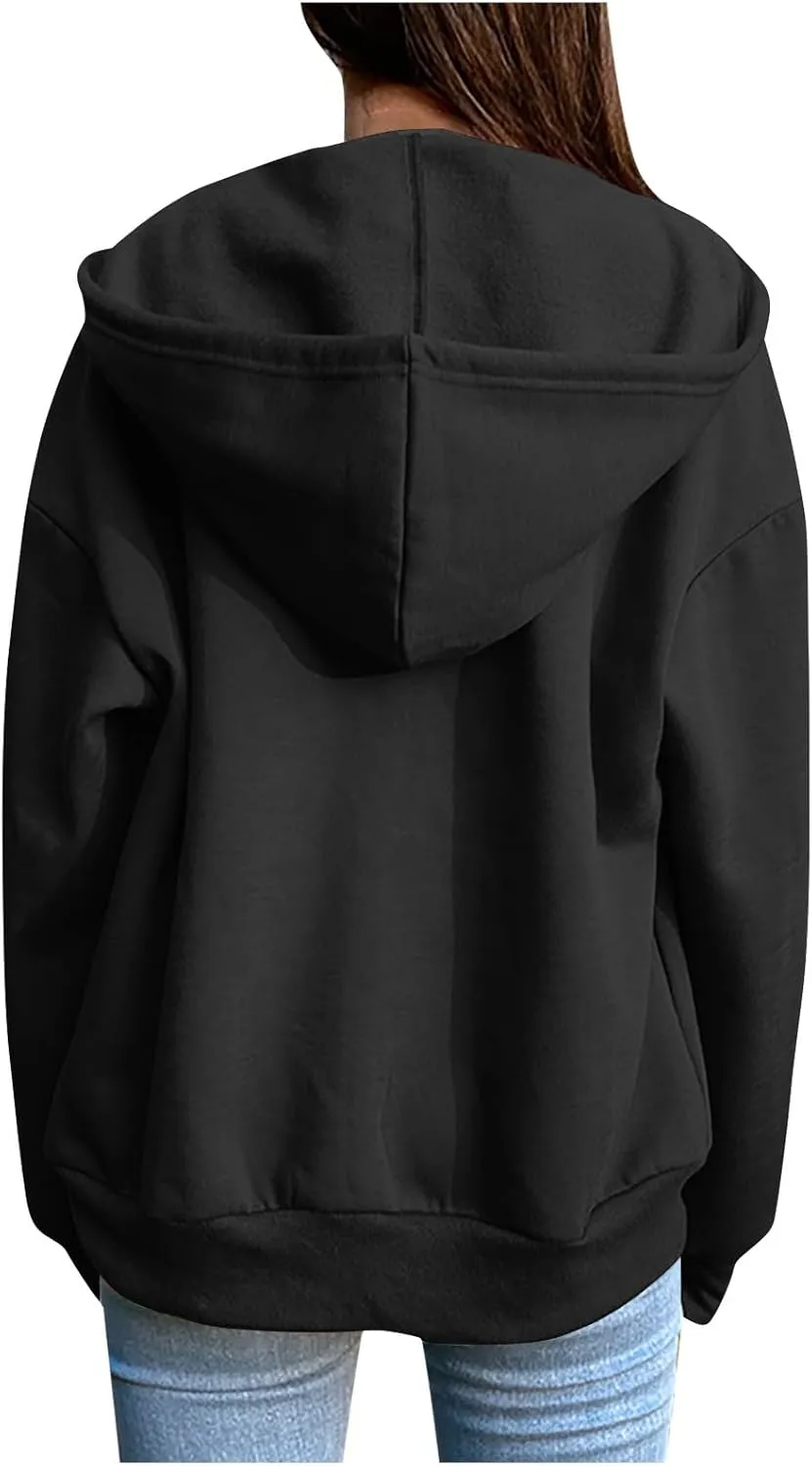 Women's Full Zip Up Hoodie Fall Jacket Oversized Casual Drawstring Collar Hooded Sweatshirts with Pockets Winter