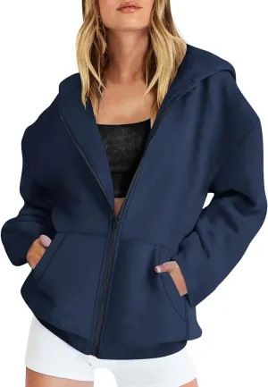 Women's Full Zip Up Hoodie Fall Jacket Oversized Casual Drawstring Collar Hooded Sweatshirts with Pockets Winter
