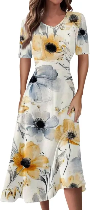 Womens High Waist Dresses 2025 Summer Short Sleeve V-Neck Floral Print Midi Dress Cocktail Party Dresses