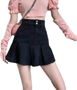 Women's High Waist Pleated Denim Mini Skirt Summer Design A- Line Sexy Short Skirts