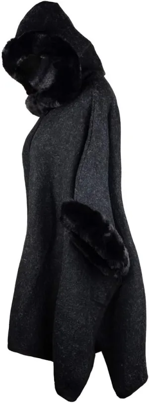 Women's Hooded Cloak Faux Rabbit Fur Cape Wrap Wool Coat Cardigan Poncho Warm