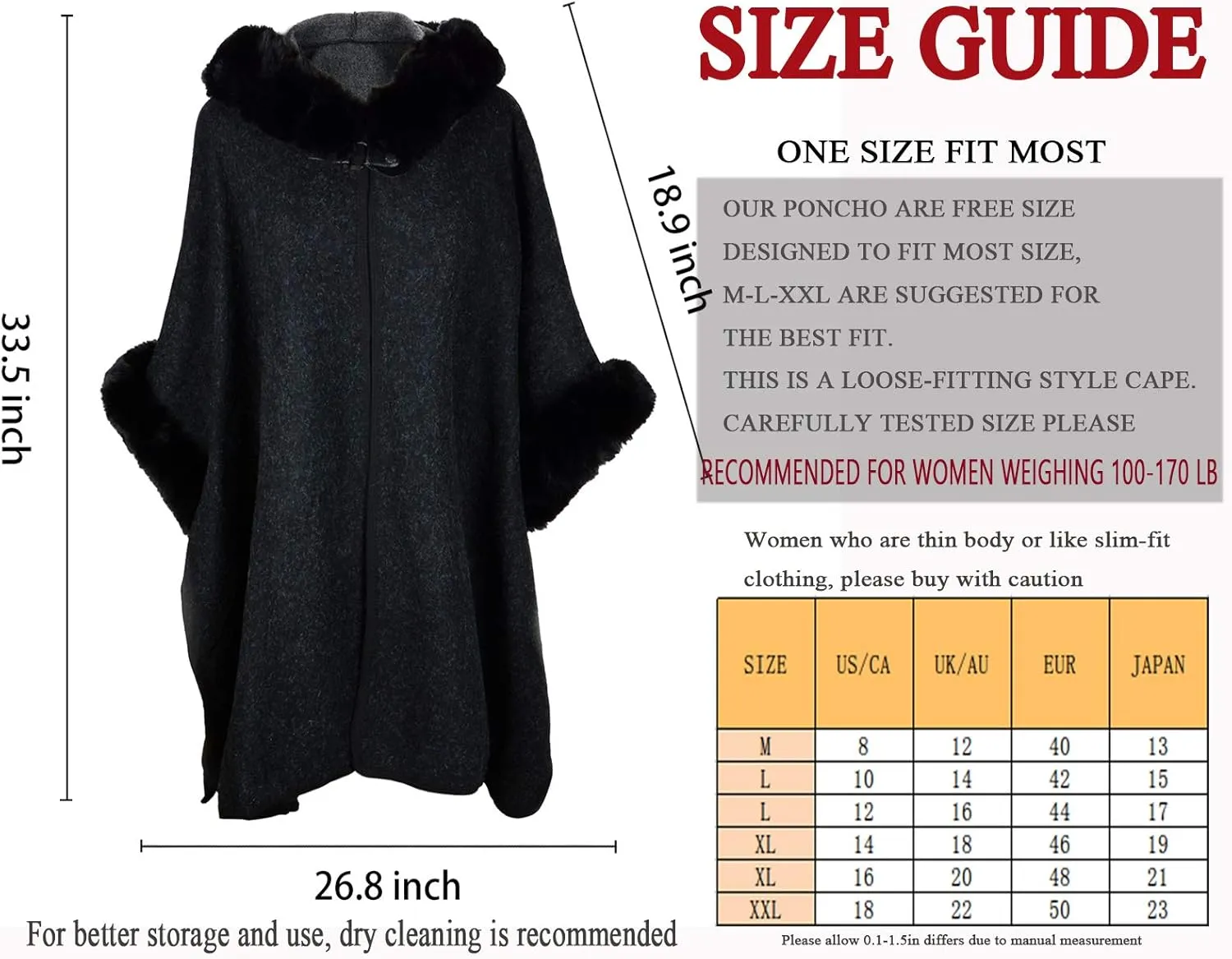 Women's Hooded Cloak Faux Rabbit Fur Cape Wrap Wool Coat Cardigan Poncho Warm