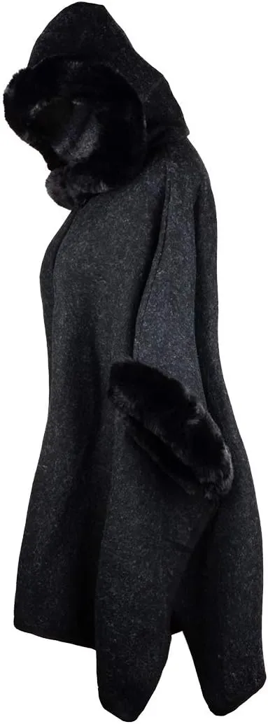 Women's Hooded Cloak Faux Rabbit Fur Cape Wrap Wool Coat Cardigan Poncho Warm