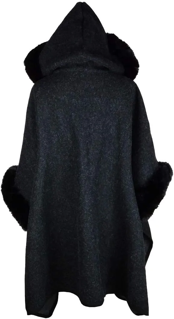 Women's Hooded Cloak Faux Rabbit Fur Cape Wrap Wool Coat Cardigan Poncho Warm