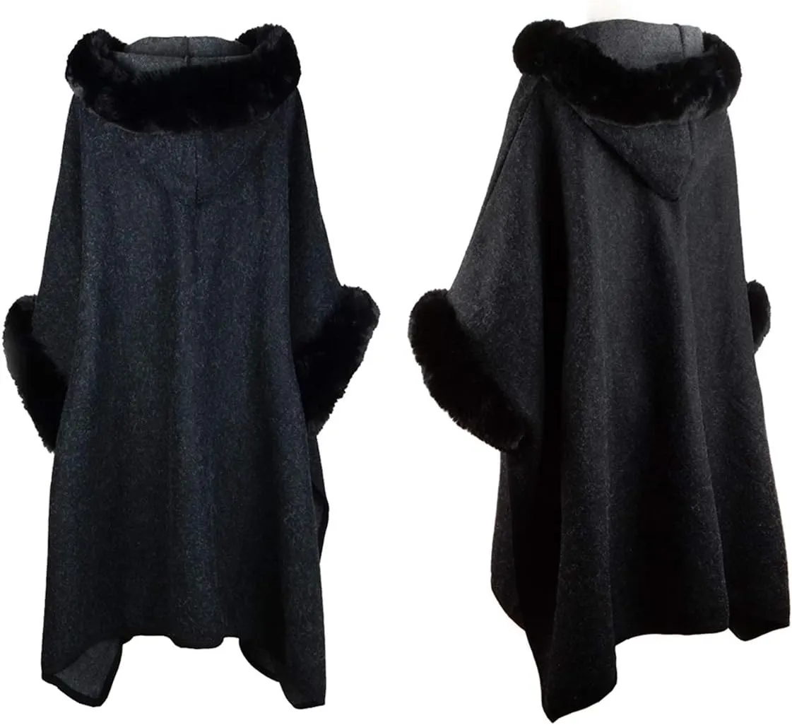 Women's Hooded Cloak Faux Rabbit Fur Cape Wrap Wool Coat Cardigan Poncho Warm