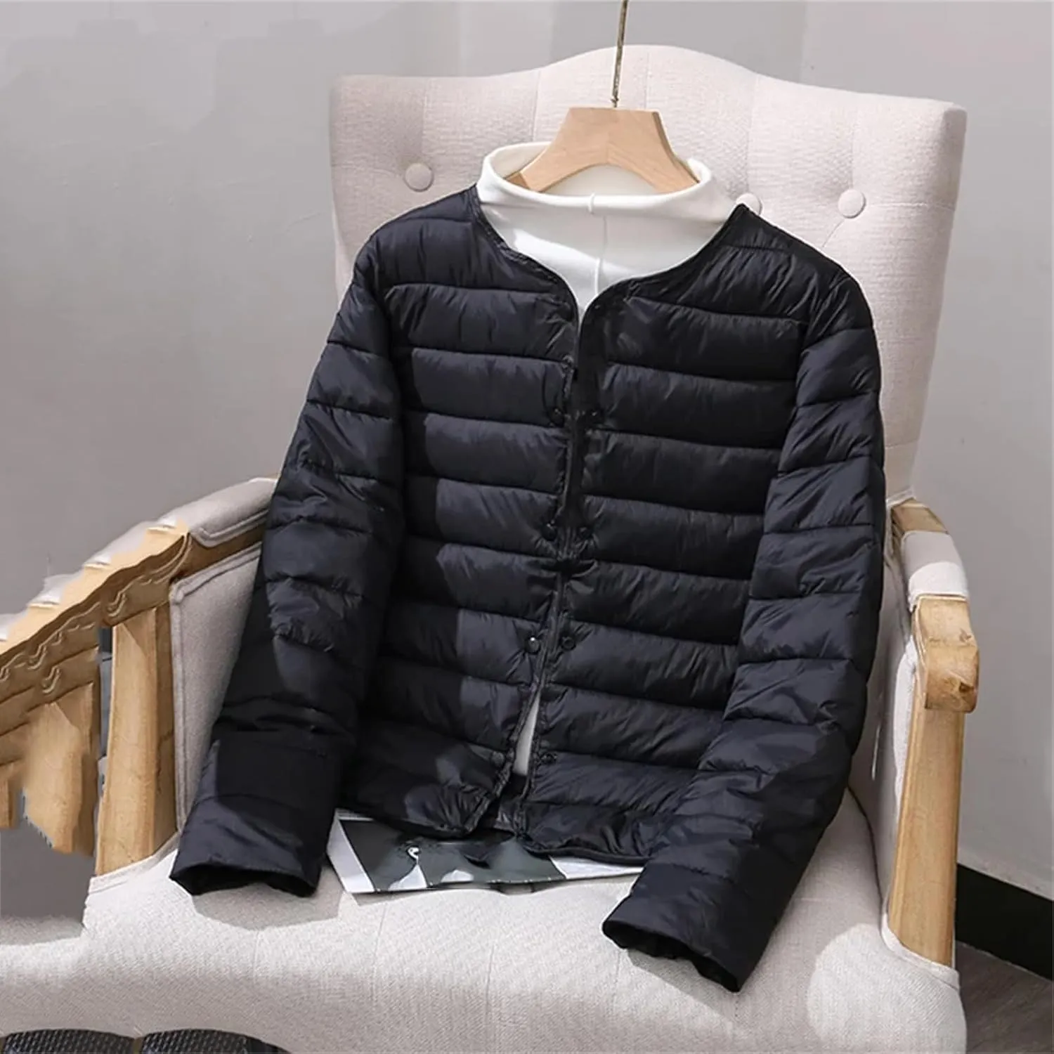 Women's Jacket Winter Ultra Light Down Cotton Collarless Padded Coat Matt Fabric Lightweight Warm Female Coat