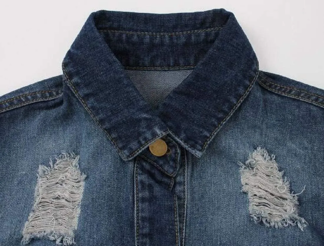 Women's Jean Jacket Long Sleeve Classic Distressed Tassels Denim Trucker