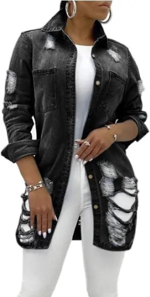 Women's Jean Jacket Long Sleeve Classic Distressed Tassels Denim Trucker