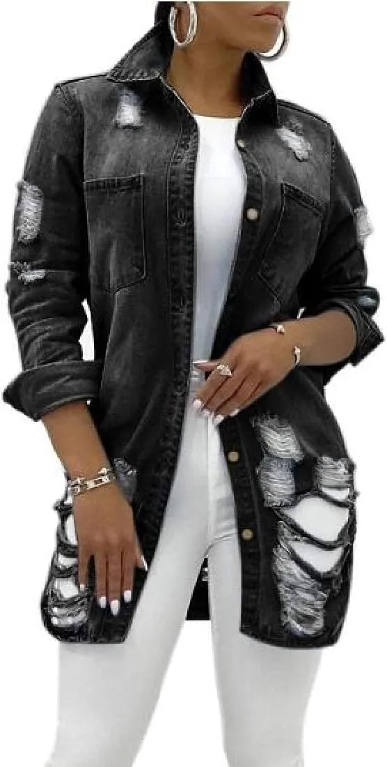 Women's Jean Jacket Long Sleeve Classic Distressed Tassels Denim Trucker